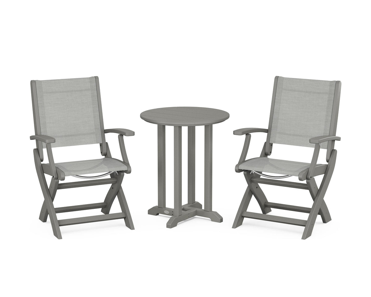 POLYWOOD Coastal Folding 3-Piece Round Bistro Dining Set in Slate Grey / Metallic
