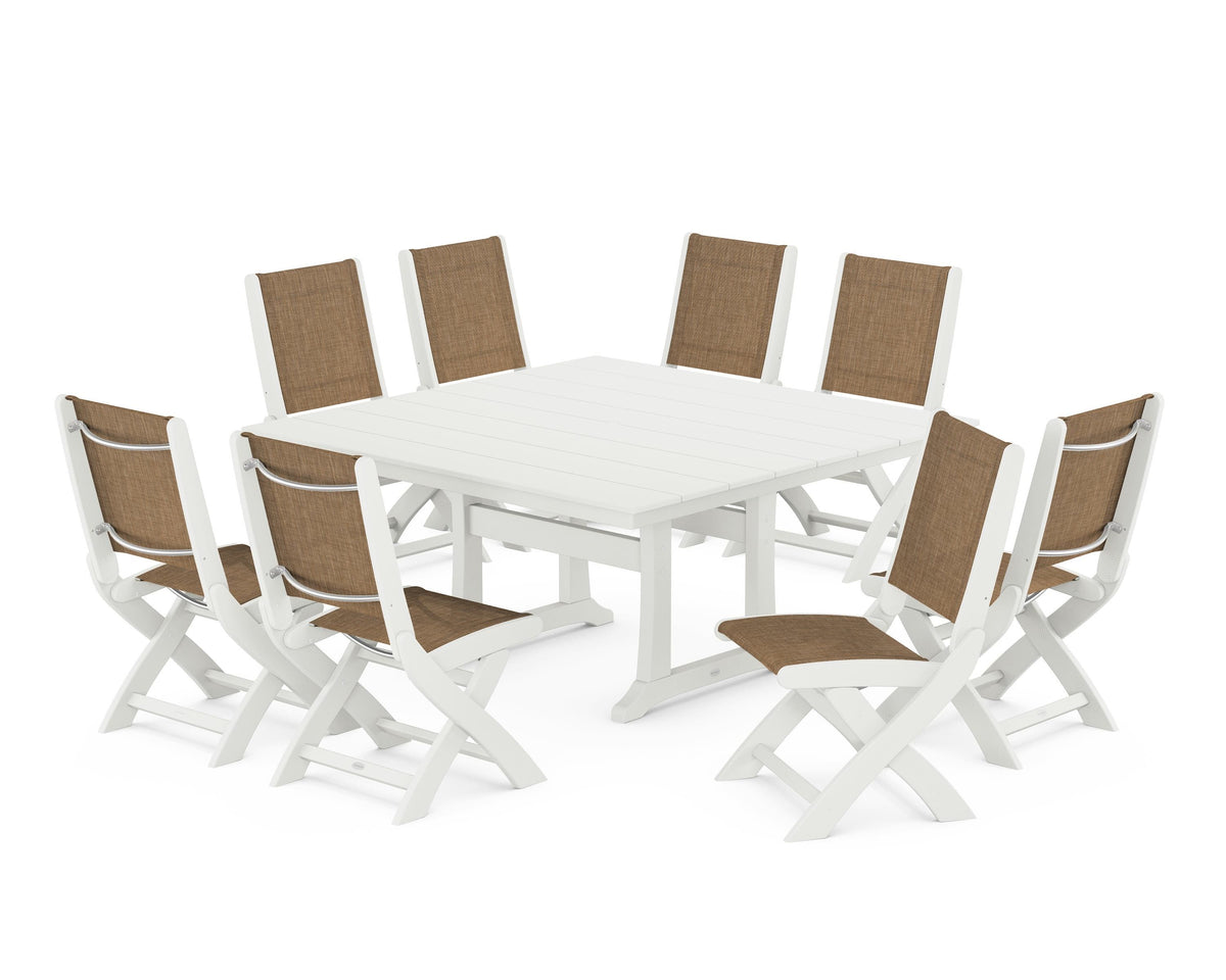 POLYWOOD Coastal Folding Side Chair 9-Piece Farmhouse Dining Set in Vintage White / Burlap