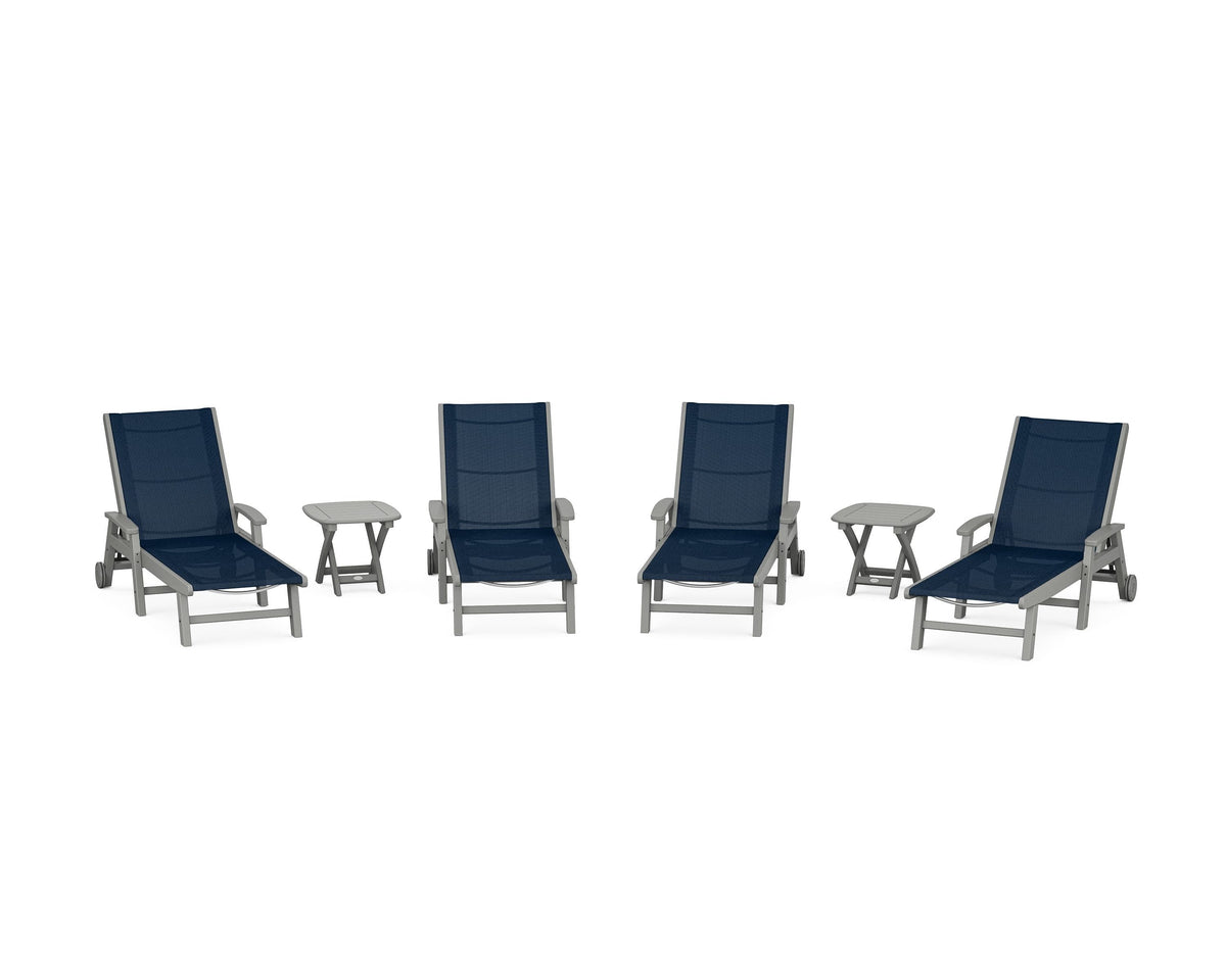 POLYWOOD Coastal Chaise 6-Piece Set with Wheels in Slate Grey / Navy Blue