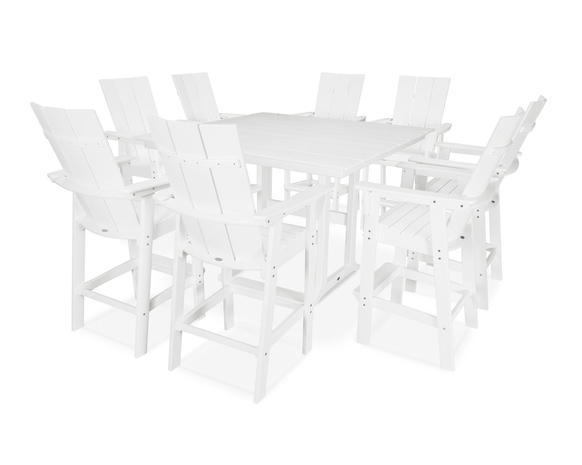 POLYWOOD Modern Curveback Adirondack 9-Piece Farmhouse Trestle Bar Set in Vintage White