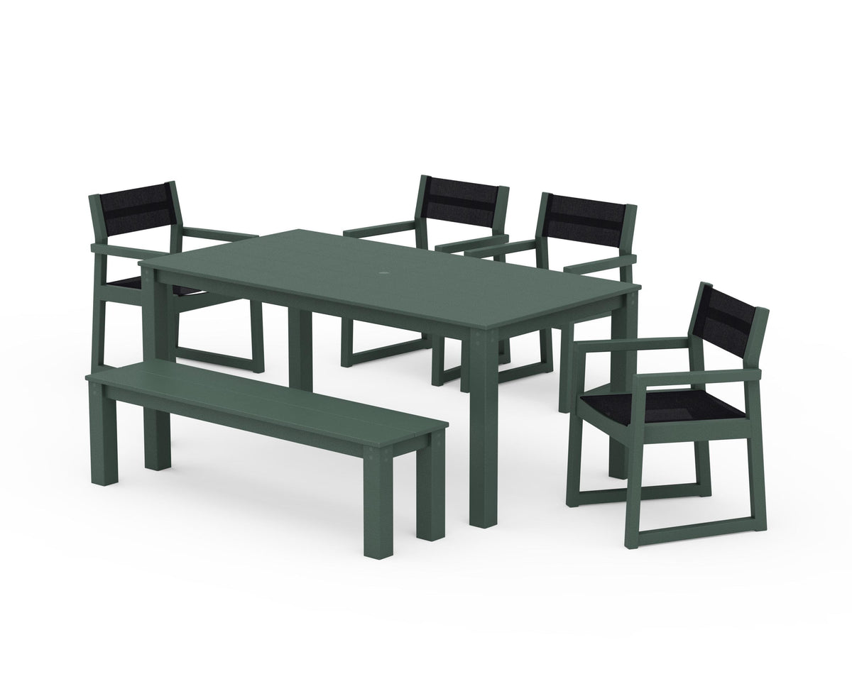 POLYWOOD EDGE Sling Arm Chair 6-Piece Parsons Dining Set with Bench in Green / Black