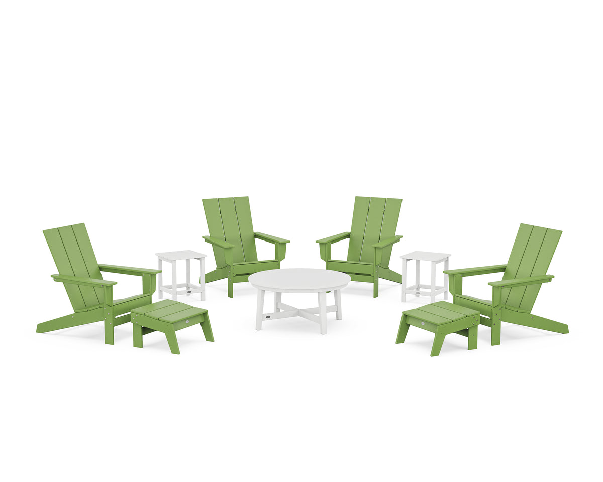 POLYWOOD Modern Studio Adirondack 9-Piece Conversation Set in Lime / White
