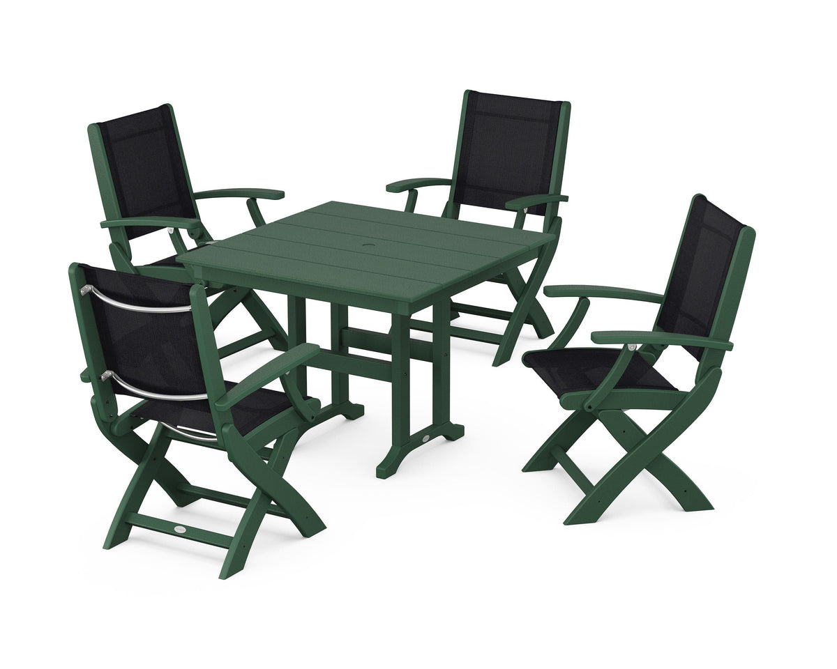 POLYWOOD Coastal Folding Chair 5-Piece Farmhouse Dining Set in Green / Black