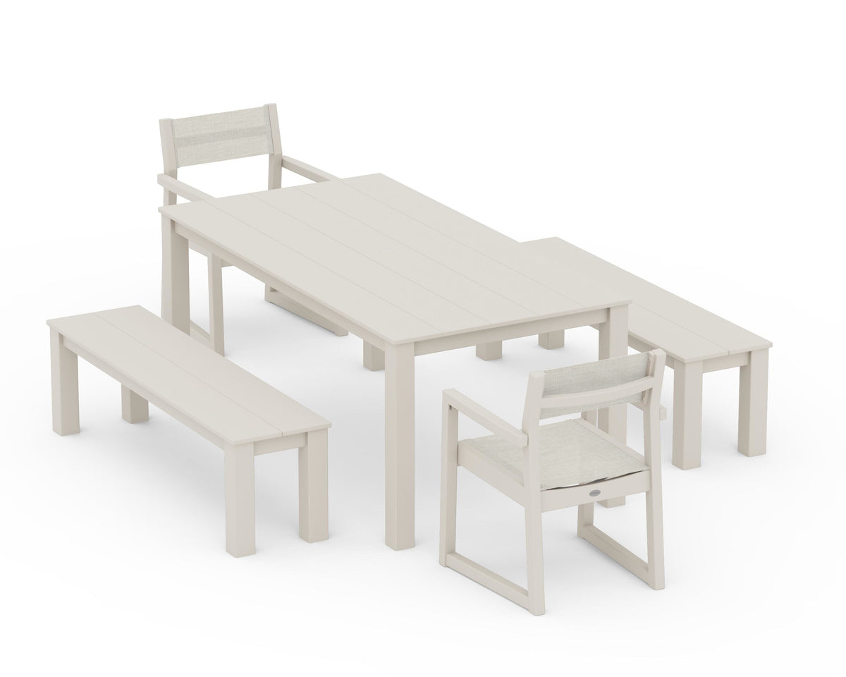 POLYWOOD EDGE Sling Arm Chair 5-Piece Parsons Dining Set with Benches in Sand / Parchment