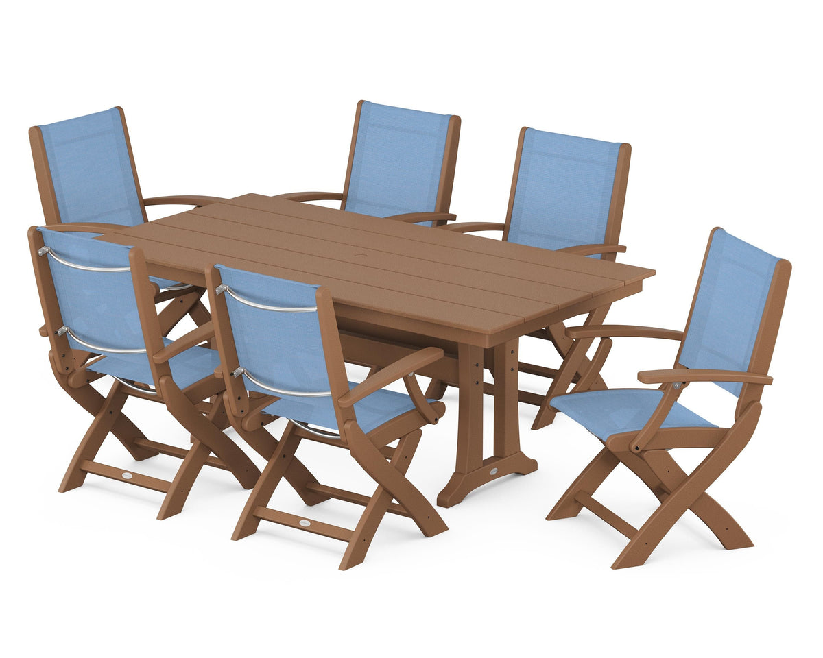 POLYWOOD Coastal Folding Arm Chair 7-Piece Farmhouse Dining Set with Trestle Legs in Teak / Poolside