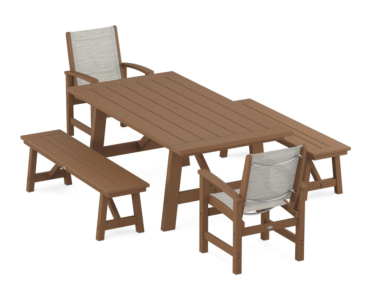 POLYWOOD Coastal 5-Piece Rustic Farmhouse Dining Set With Benches in Teak / Birch