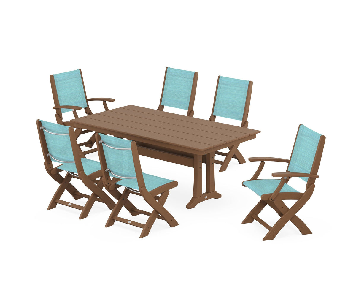 POLYWOOD Coastal Folding Chair 7-Piece Farmhouse Dining Set with Trestle Legs in Teak / Dupioni Aquamarine