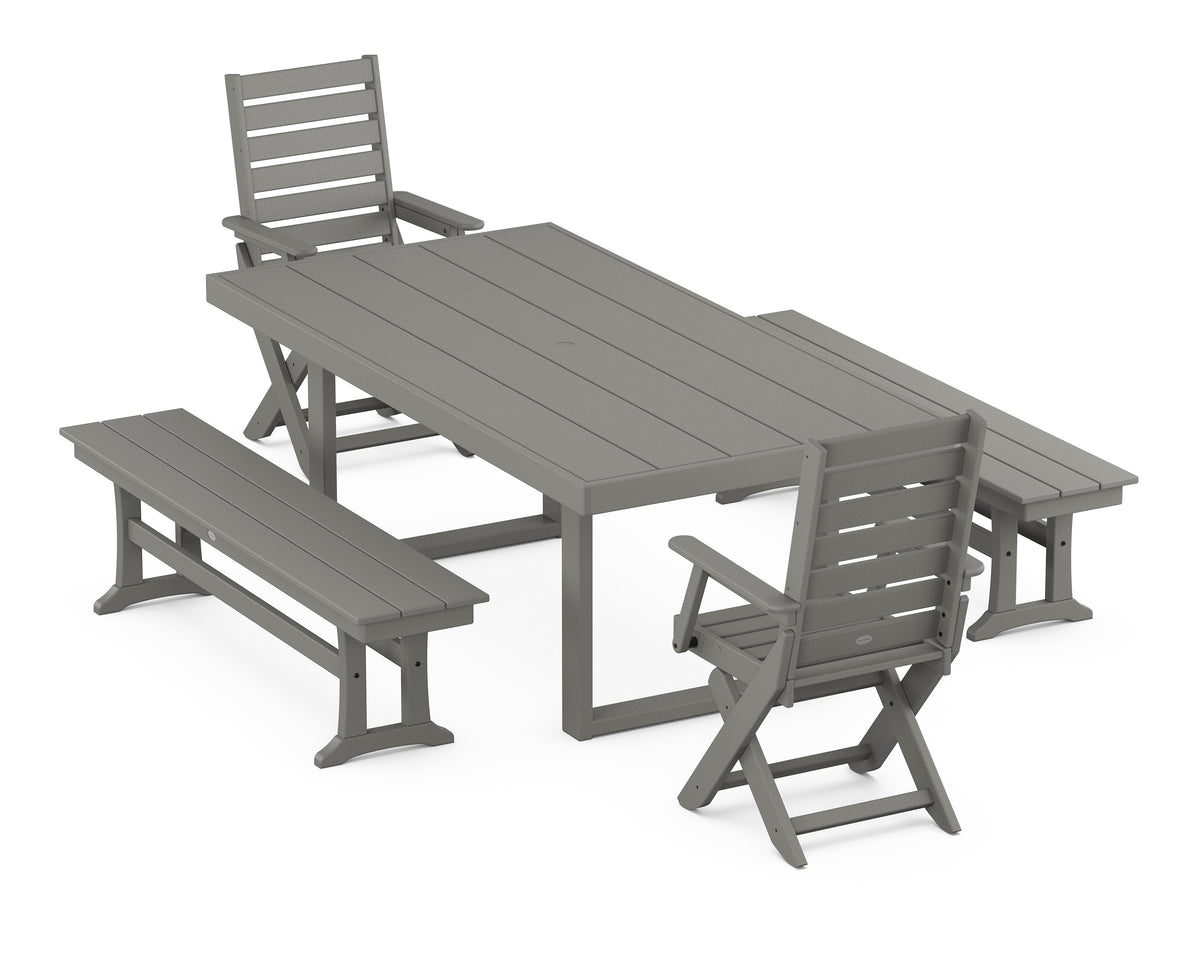 POLYWOOD Captain Folding Chair 5-Piece Dining Set with Benches - 39" x 78" Table in Slate Grey