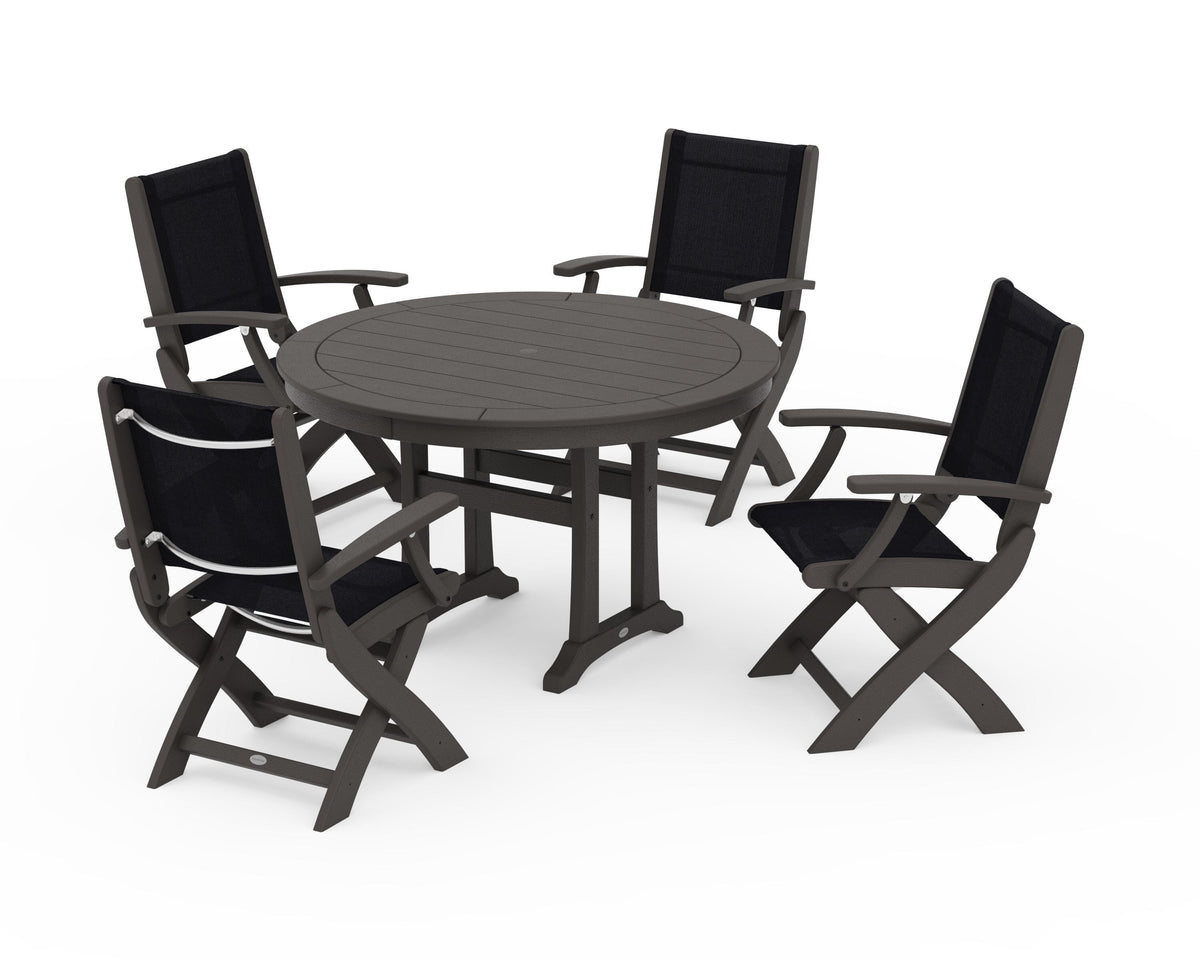 POLYWOOD Coastal Folding Chair 5-Piece Round Dining Set with Trestle Legs in Vintage Coffee / Black