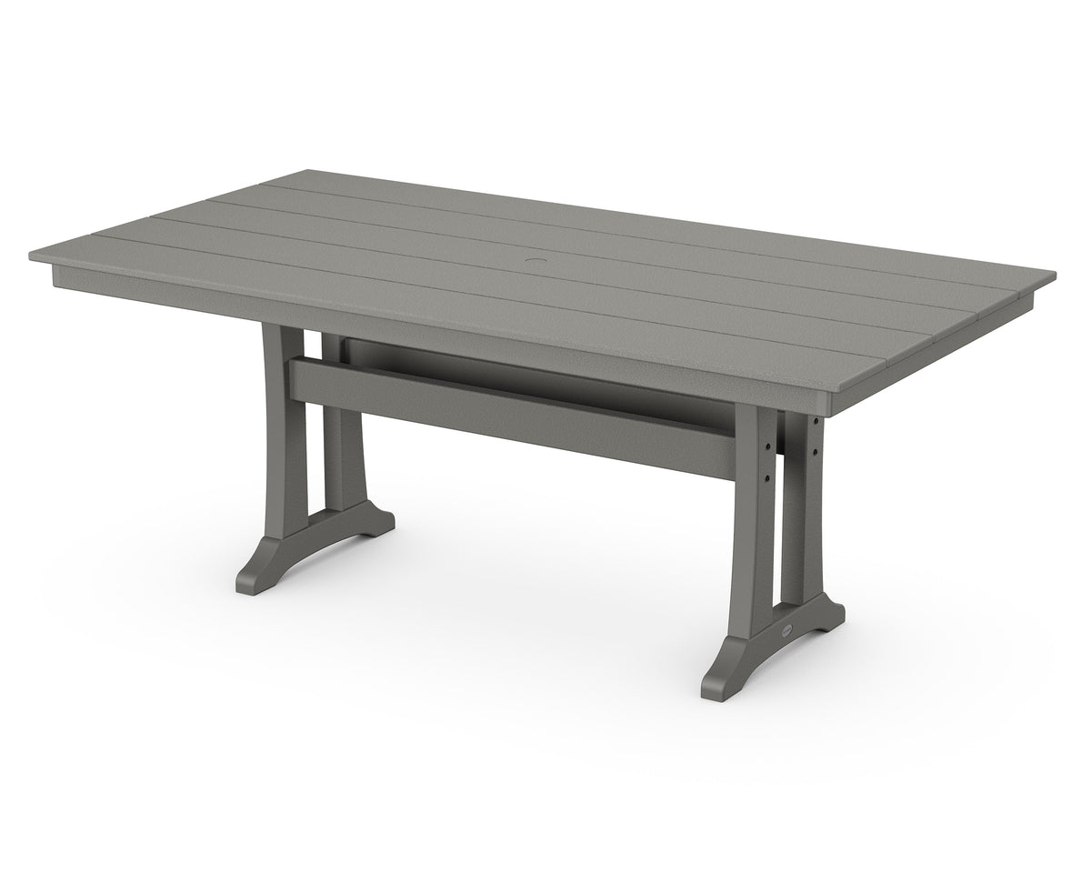 Angled view from the POLYWOOD Chippendale 7-Piece Farmhouse Trestle Dining Set in Slate Grey