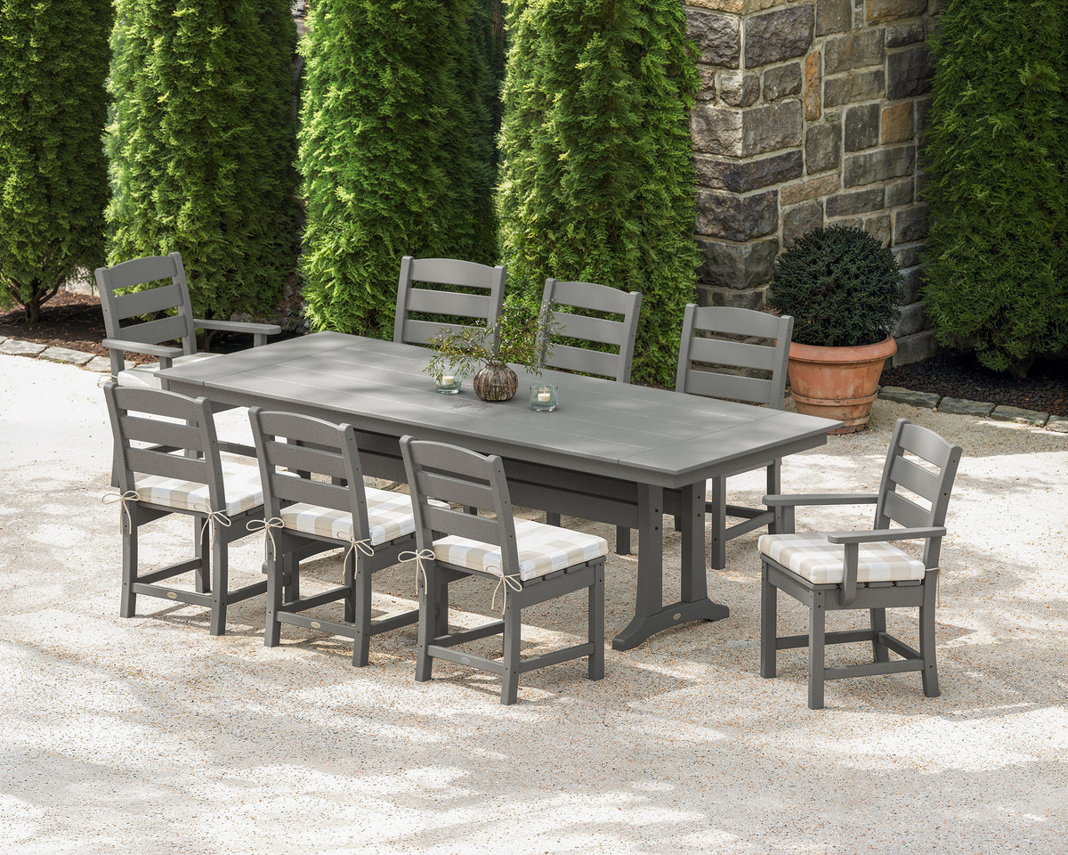 Lifestyle photo of the POLYWOOD Lakeside 9-Piece Farmhouse Dining Set with Trestle Legs