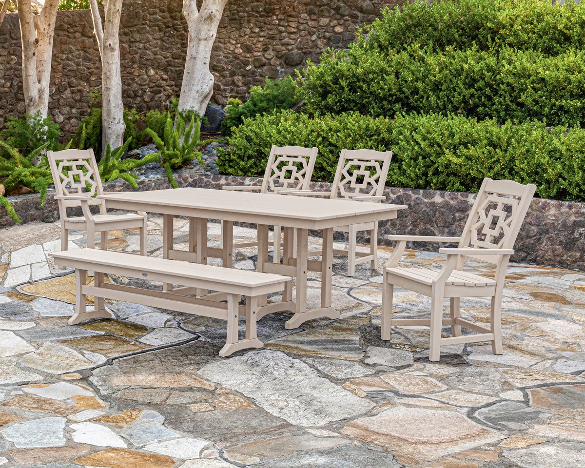 Lifestyle photo of the POLYWOOD Chinoiserie 6-Piece Farmhouse Dining Set with Bench