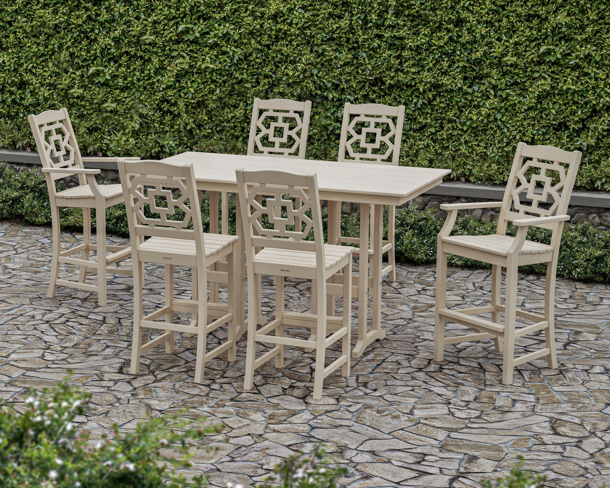 Lifestyle photo of the POLYWOOD Chinoiserie 7-Piece Farmhouse Bar Set