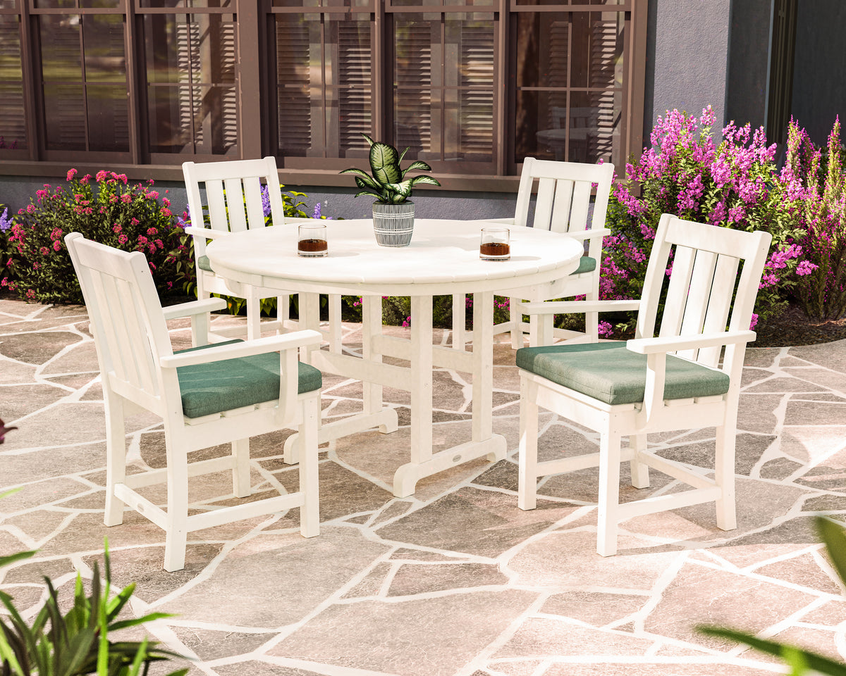 Lifestyle photo of the POLYWOOD Oxford 5-Piece Round Farmhouse Dining Set