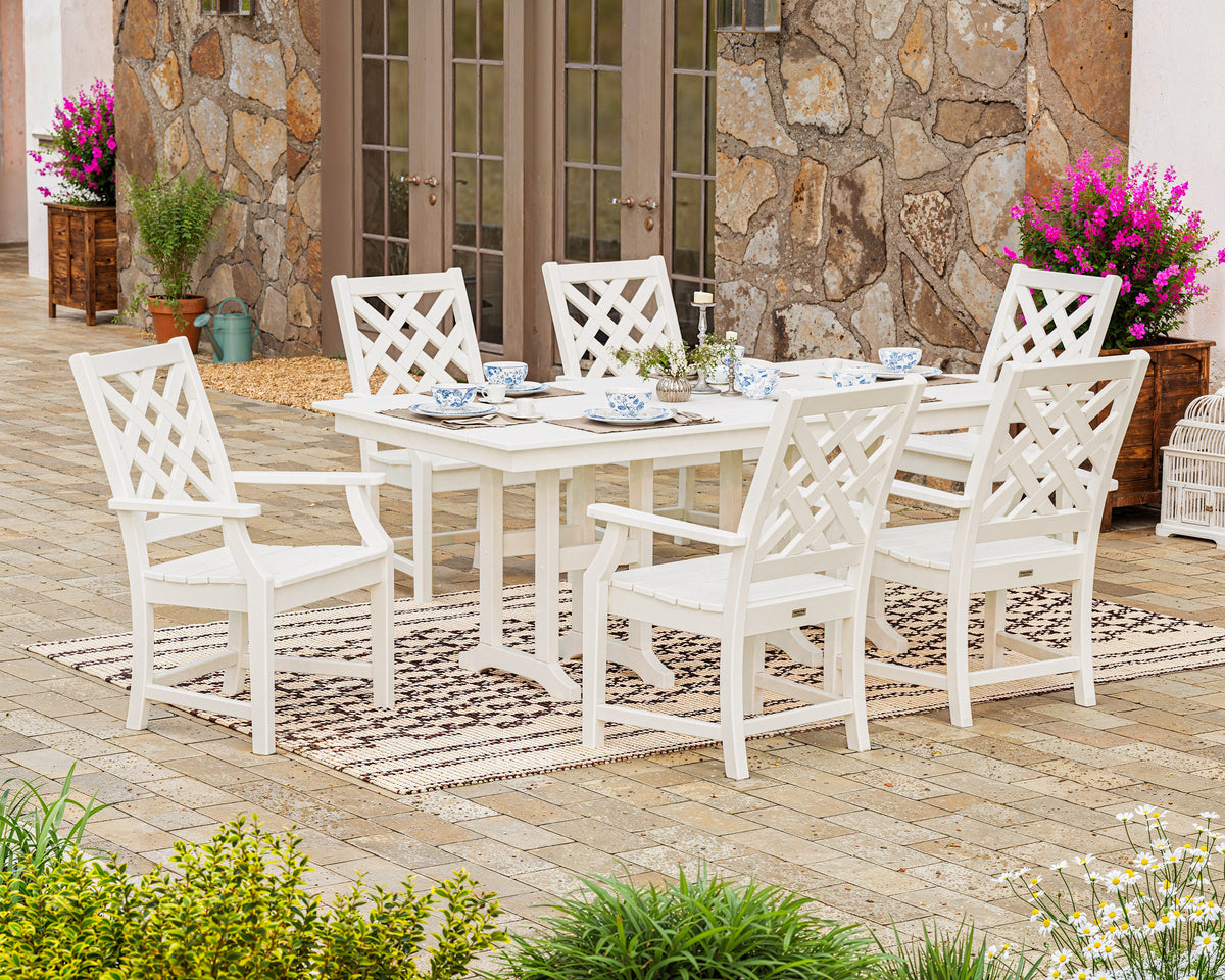 Lifestyle photo of the POLYWOOD Wovendale Arm Chair 7-Piece Farmhouse Dining Set