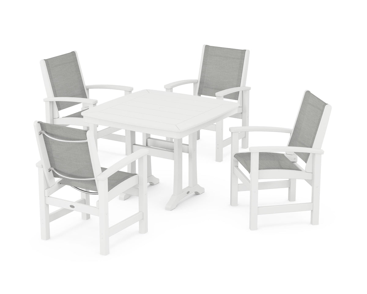 POLYWOOD Coastal 5-Piece Dining Set with Trestle Legs with Nautical Trestle 37" Dining Table in White / Metallic