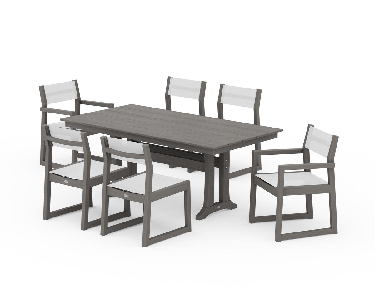 POLYWOOD EDGE Sling 7-Piece Farmhouse Trestle Dining Set in Driftwood / White
