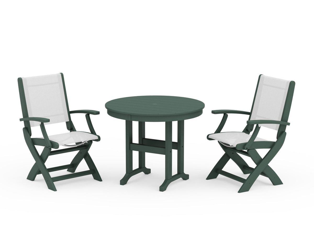 POLYWOOD Coastal Folding Chair 3-Piece Round Dining Set in Green / White
