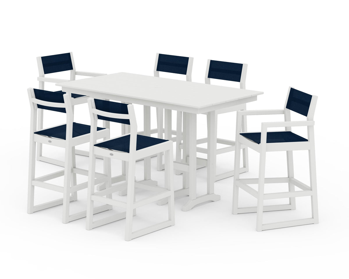 POLYWOOD EDGE Sling 7-Piece Farmhouse Bar Set in Vintage White / Navy Blue