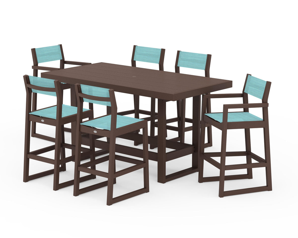 POLYWOOD EDGE Sling 7-Piece Bar Table Set in Mahogany / Dupioni Aquamarine