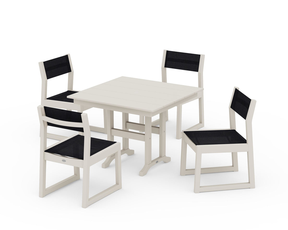 POLYWOOD EDGE Sling Side Chair 5-Piece Farmhouse Dining Set in Sand / Black