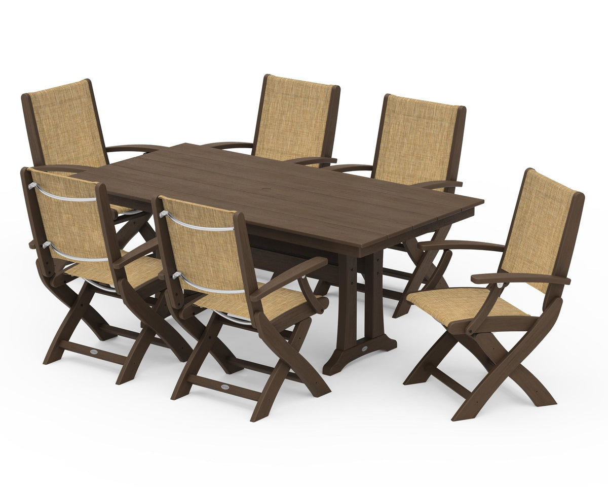 POLYWOOD Coastal Folding Arm Chair 7-Piece Farmhouse Dining Set with Trestle Legs in Kona / Burlap