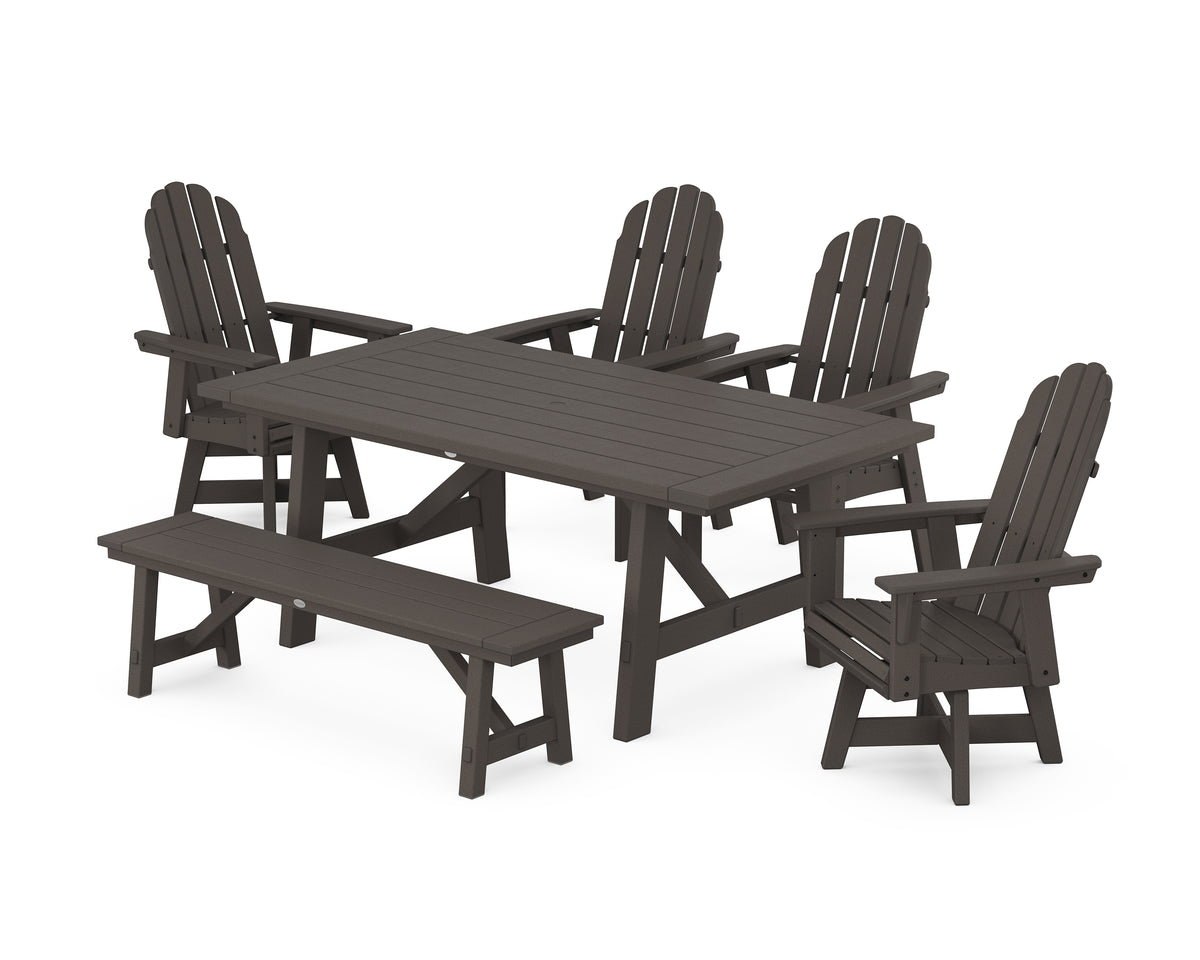 POLYWOOD Vineyard Curveback Adirondack Swivel Chair 6-Piece Rustic Farmhouse Dining Set with Bench in Vintage Coffee