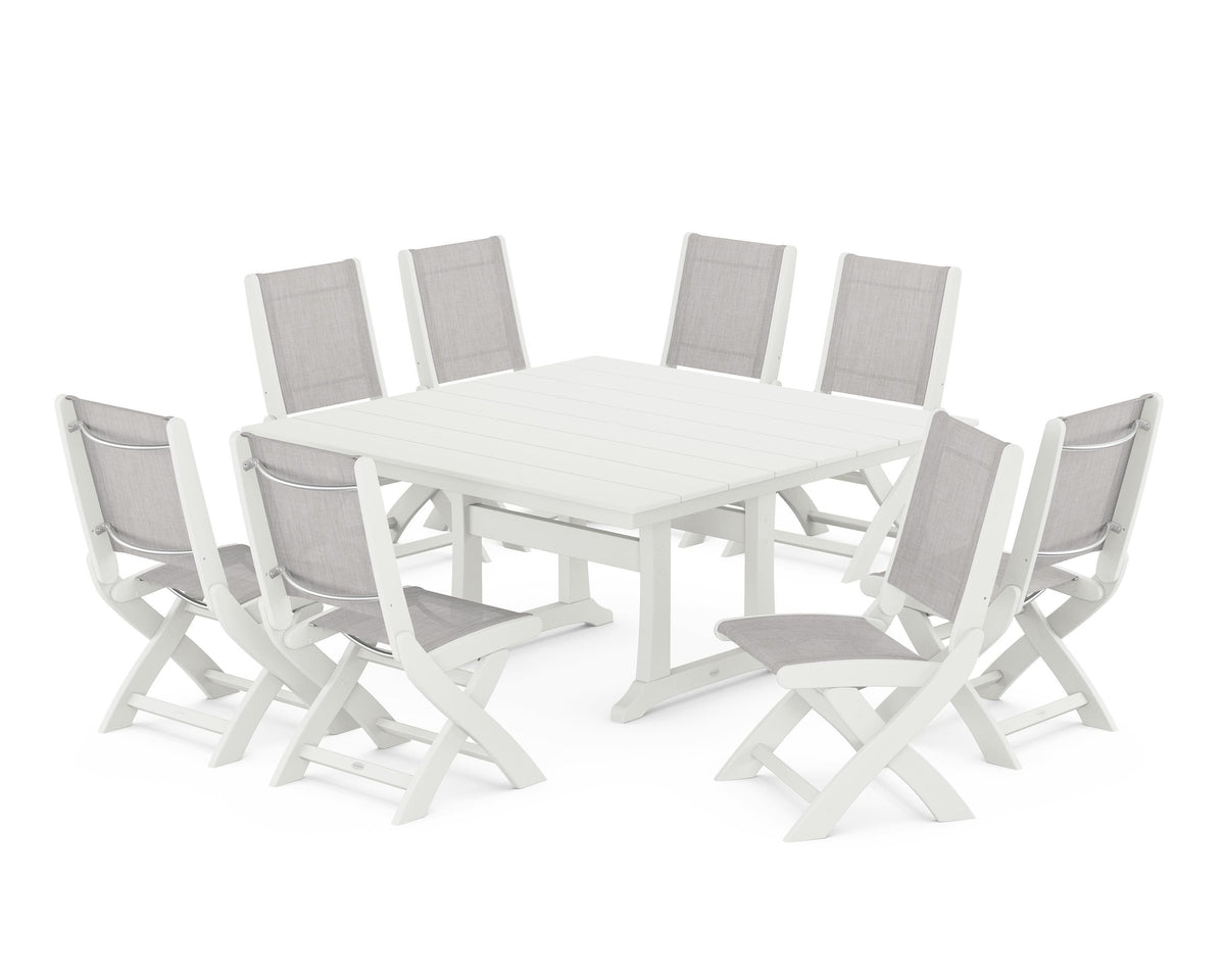 POLYWOOD Coastal Folding Side Chair 9-Piece Farmhouse Dining Set in Vintage White / Parchment