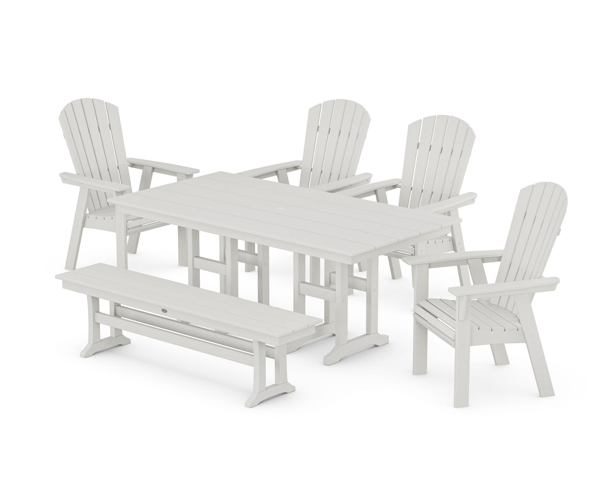 POLYWOOD Nautical Curveback Adirondack 6-Piece Farmhouse Dining Set with Bench in Vintage White