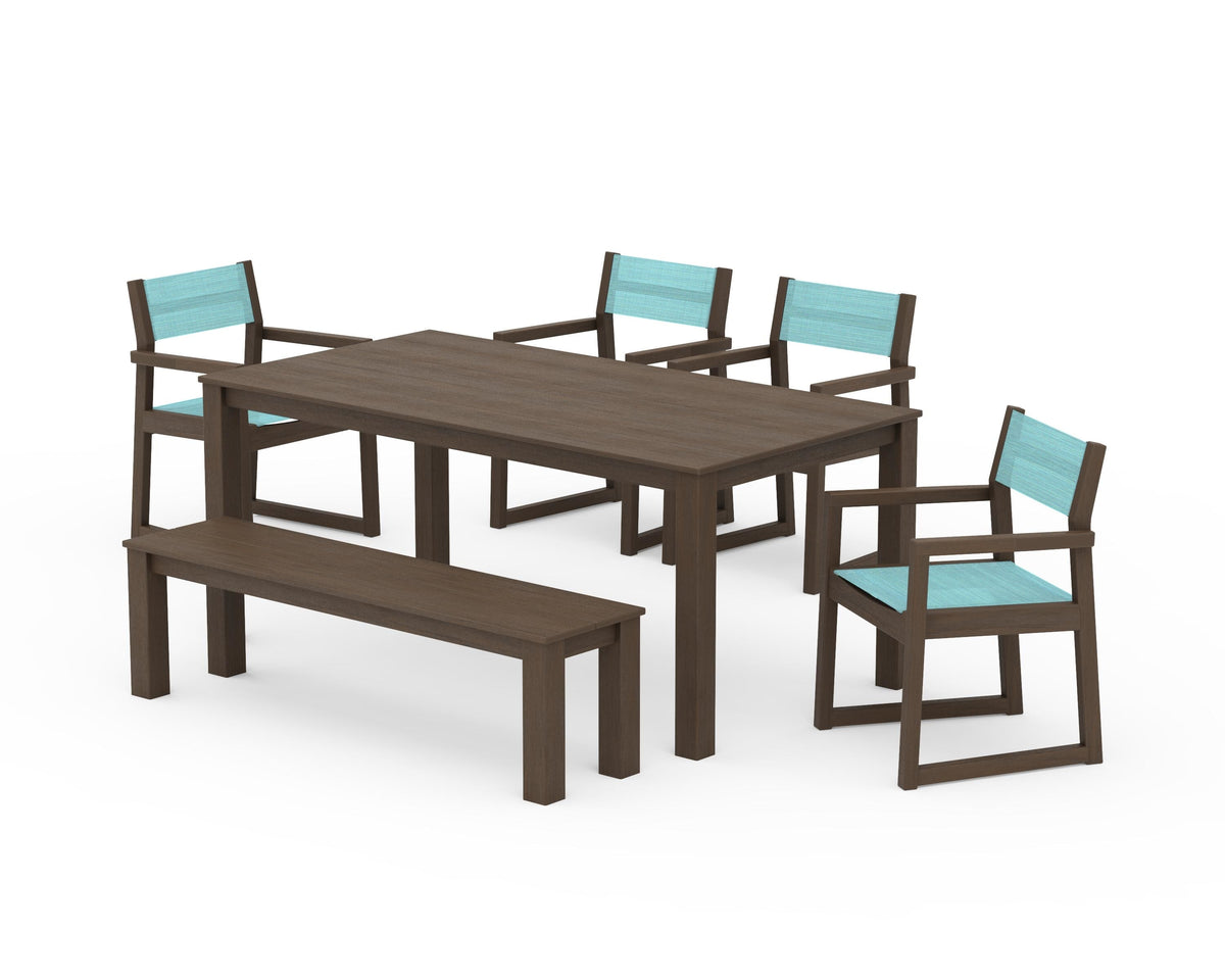 POLYWOOD EDGE Sling Arm Chair 6-Piece Parsons Dining Set with Bench in Kona / Dupioni Aquamarine
