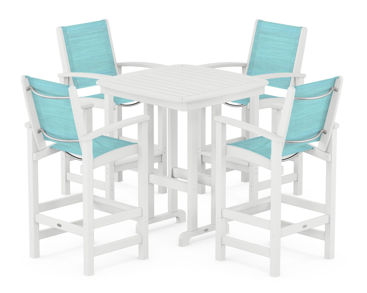 POLYWOOD Coastal 5-Piece Bar Set in White / Dupioni Aquamarine
