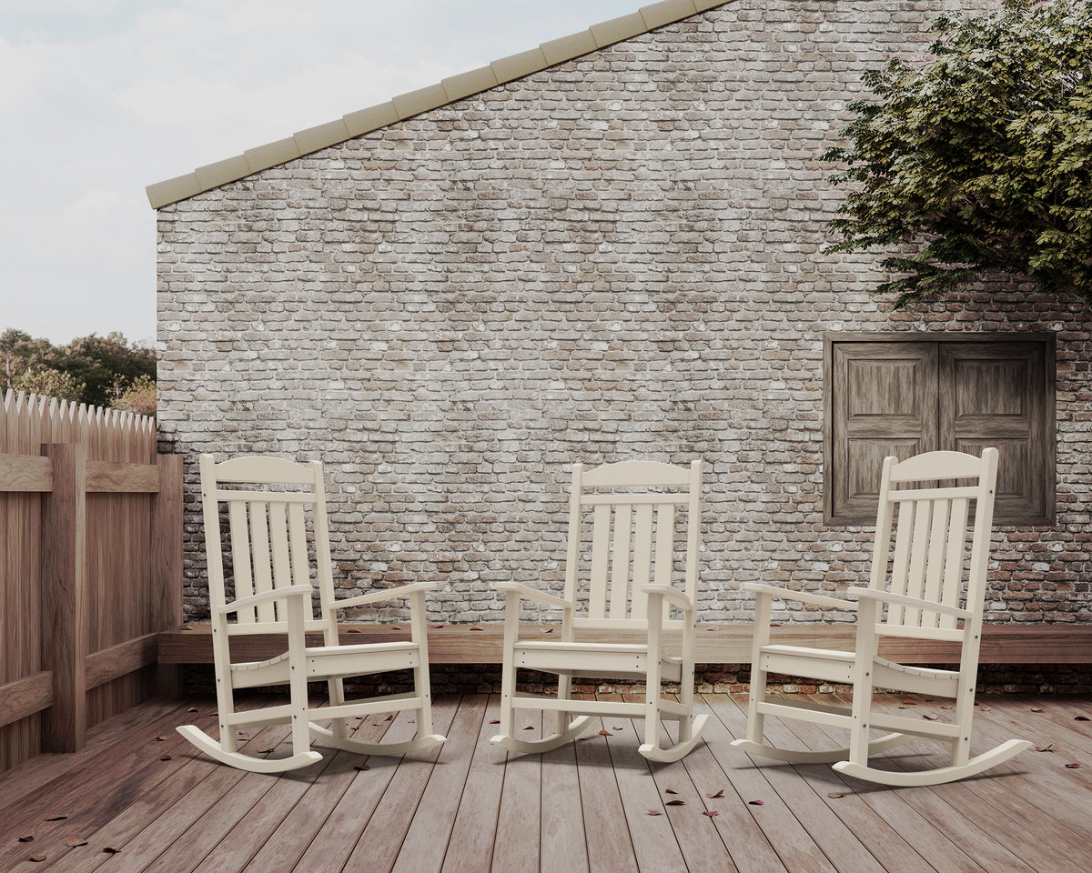Lifestyle photo of the POLYWOOD Presidential Rocking Chair in Sand