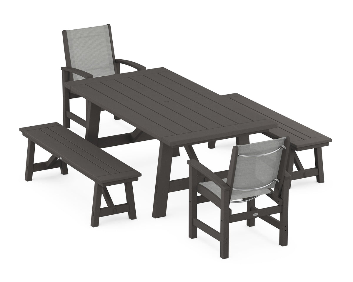 POLYWOOD Coastal 5-Piece Rustic Farmhouse Dining Set With Benches in Vintage Coffee / Metallic