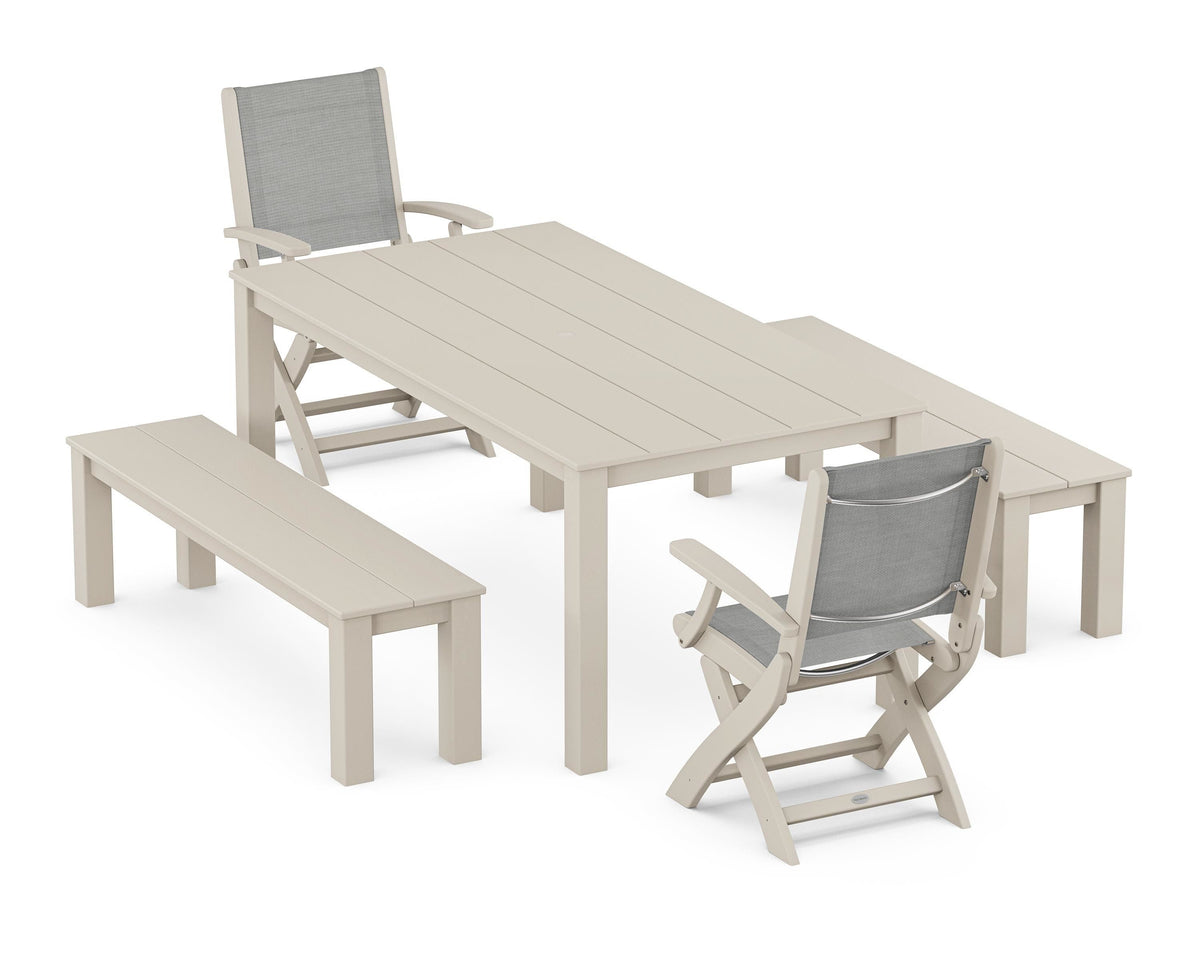 POLYWOOD Coastal Folding Chair 5-Piece Parsons Dining Set with Benches in Sand / Metallic