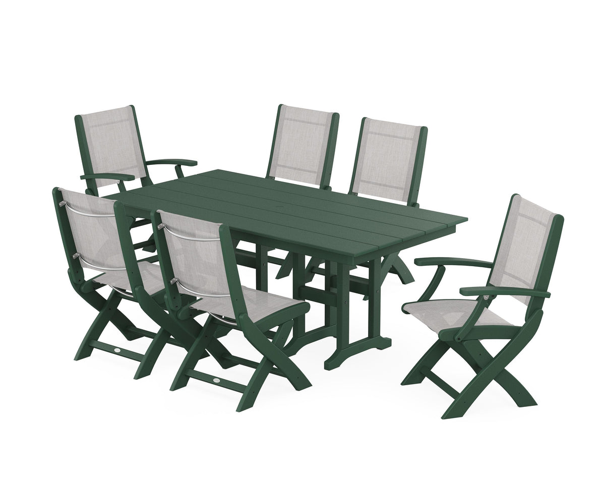POLYWOOD Coastal Folding Chair 7-Piece Farmhouse Dining Set in Green / Parchment