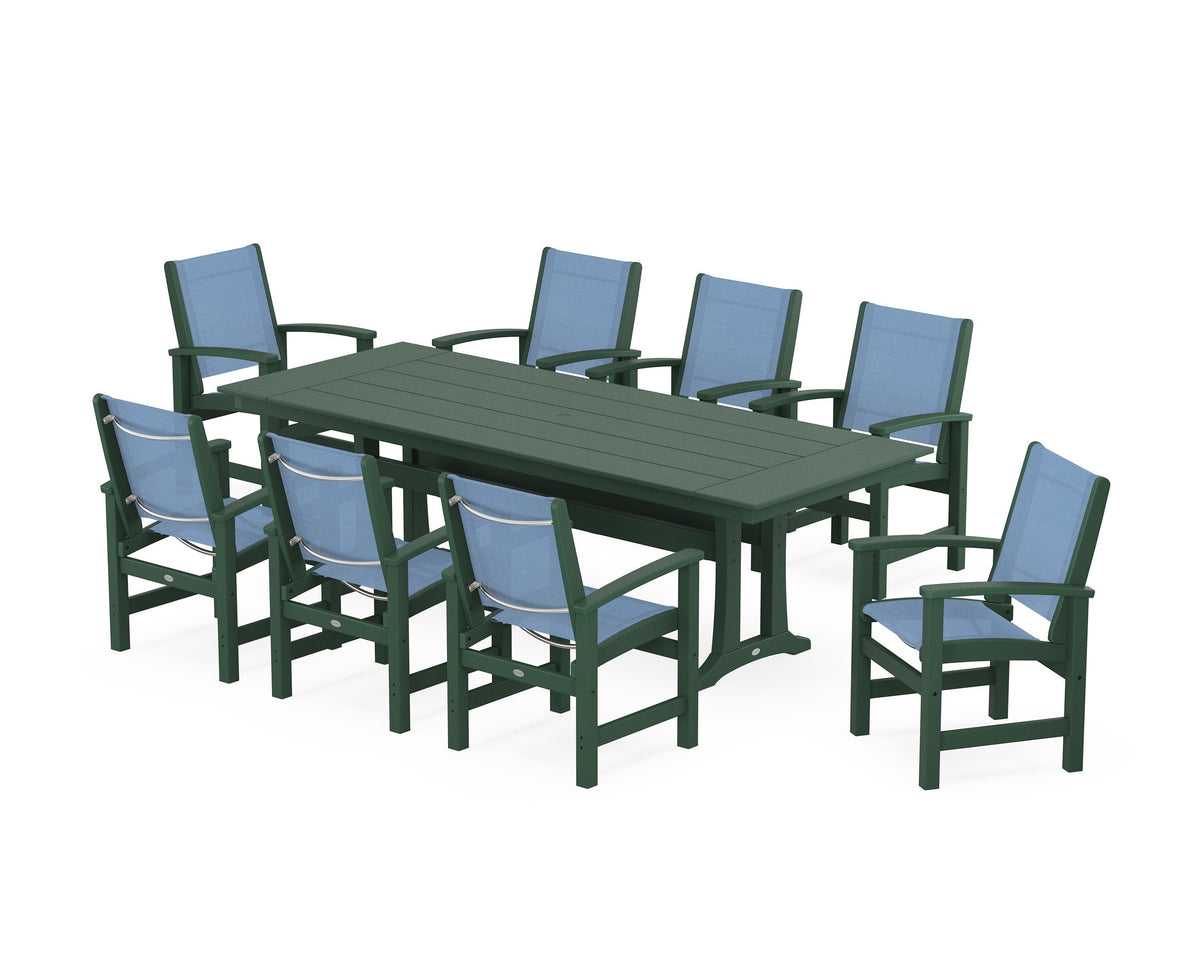 POLYWOOD Coastal 9-Piece Farmhouse Dining Set with Trestle Legs in Green / Poolside