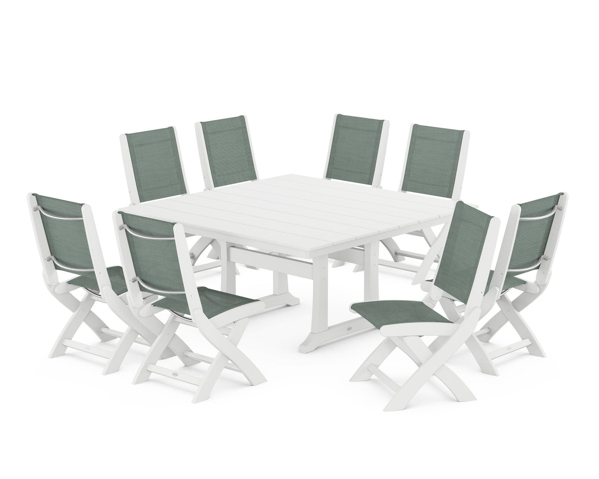 POLYWOOD Coastal Folding Side Chair 9-Piece Farmhouse Dining Set in White / Dupioni Sea Mist