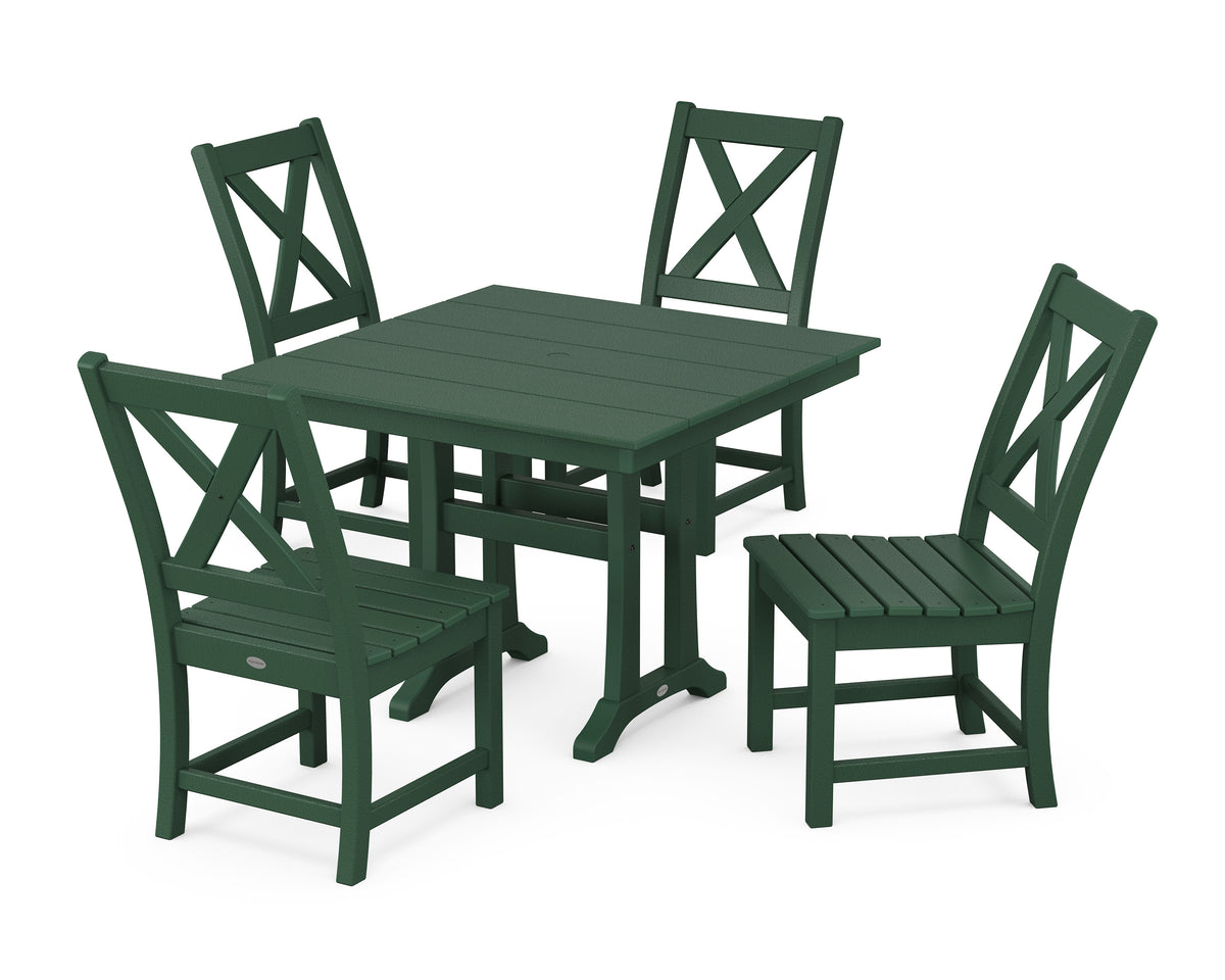 POLYWOOD Braxton Side Chair 5-Piece Farmhouse Dining Set with Trestle Legs in Green