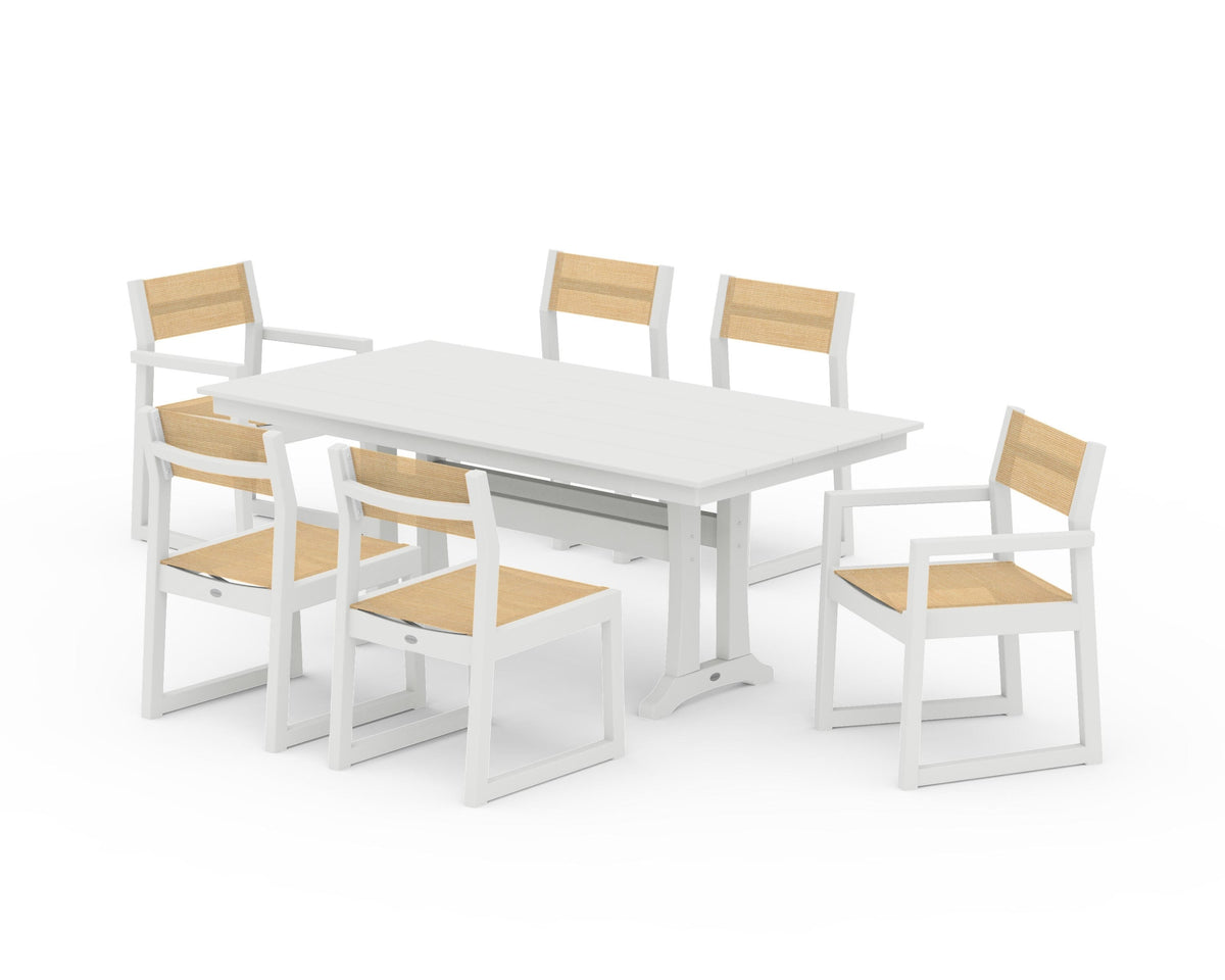 POLYWOOD EDGE Sling 7-Piece Farmhouse Trestle Dining Set in Vintage White / Dupioni Apricot