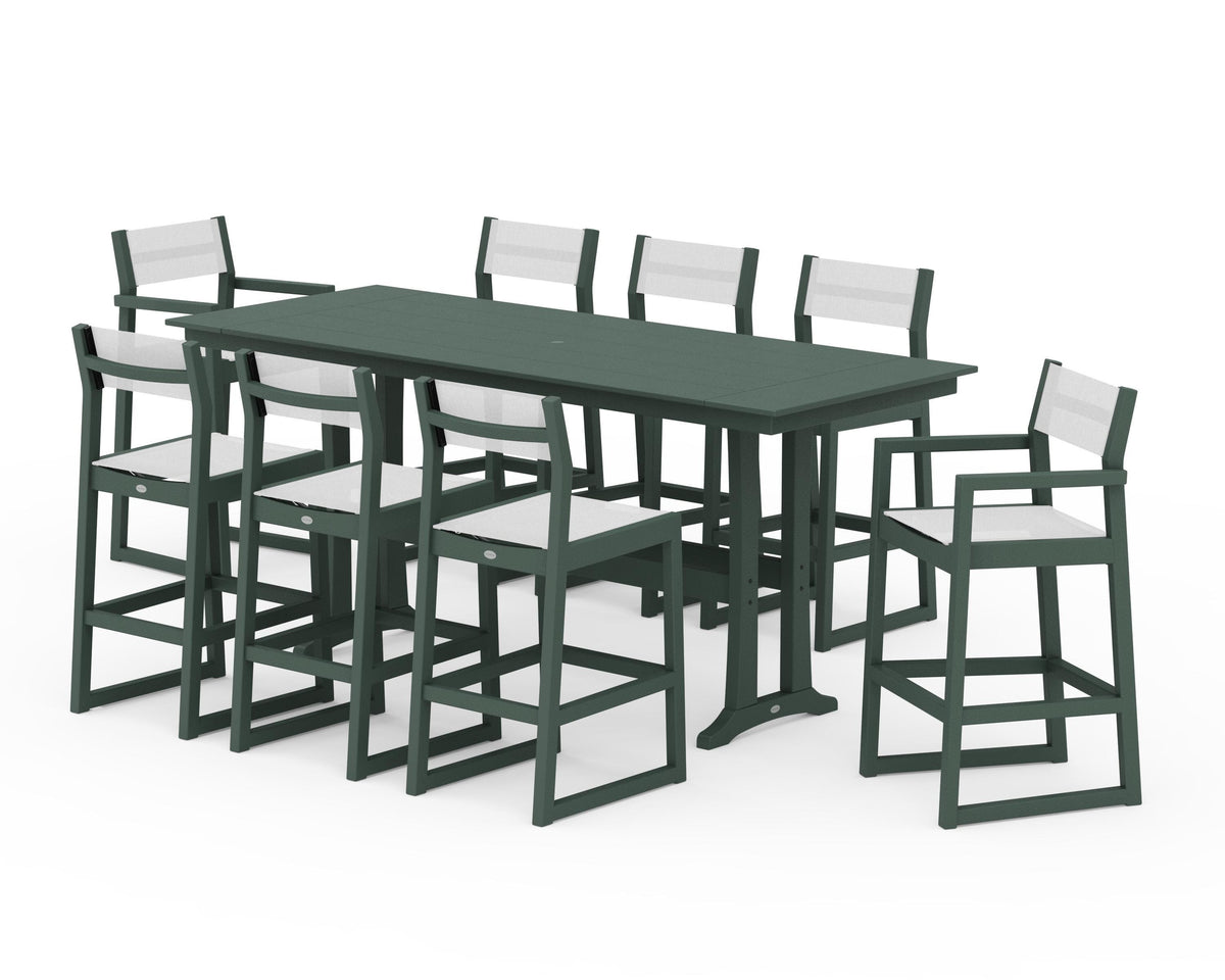POLYWOOD EDGE Sling 9-Piece Farmhouse Bar Set with Trestle Legs in Green / White