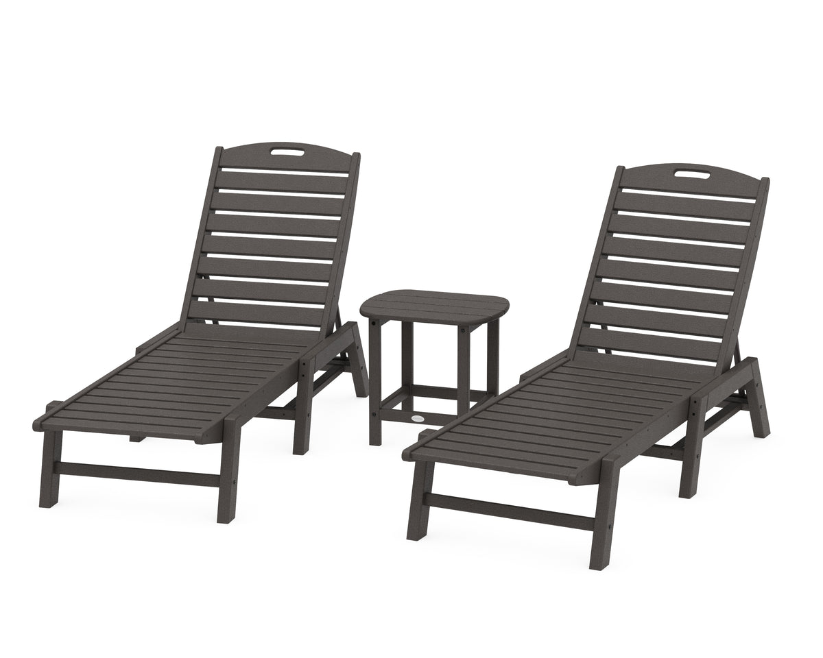 POLYWOOD Nautical 3-Piece Chaise Lounge Set with South Beach 18" Side Table in Vintage Coffee