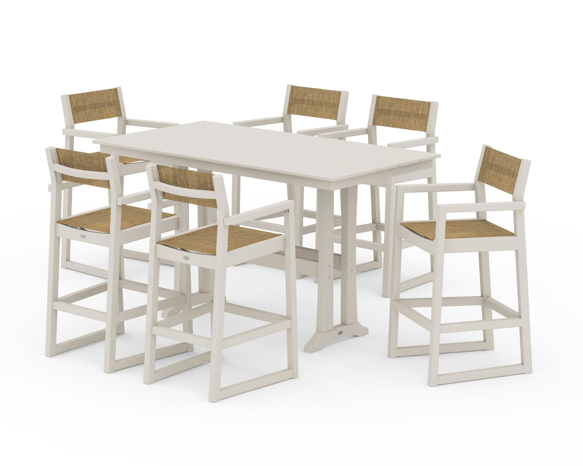 POLYWOOD EDGE Sling Arm Chair 7-Piece Farmhouse Bar Set with Trestle Legs in Sand / Burlap