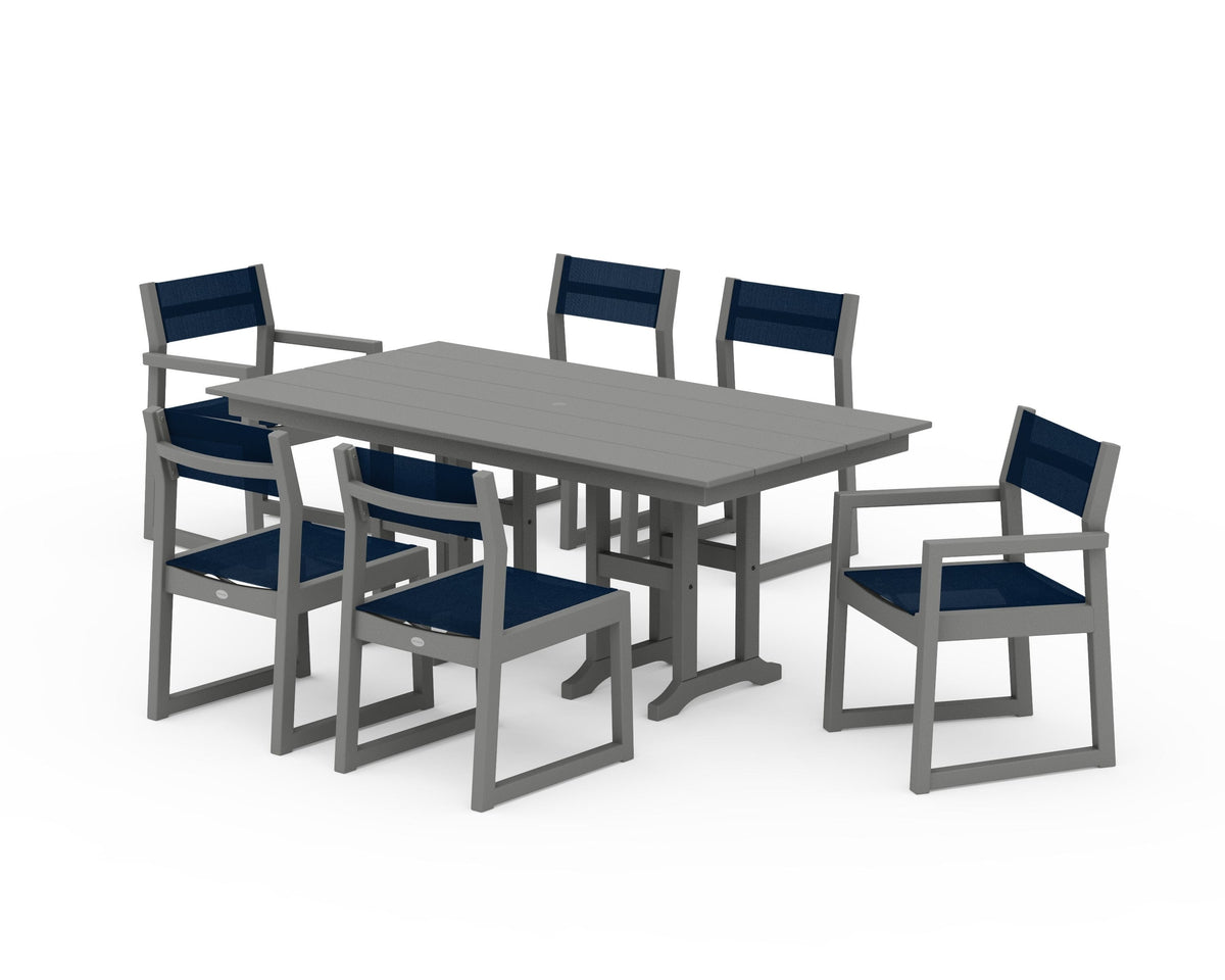 POLYWOOD EDGE Sling 7-Piece Farmhouse Dining Set in Slate Grey / Navy Blue