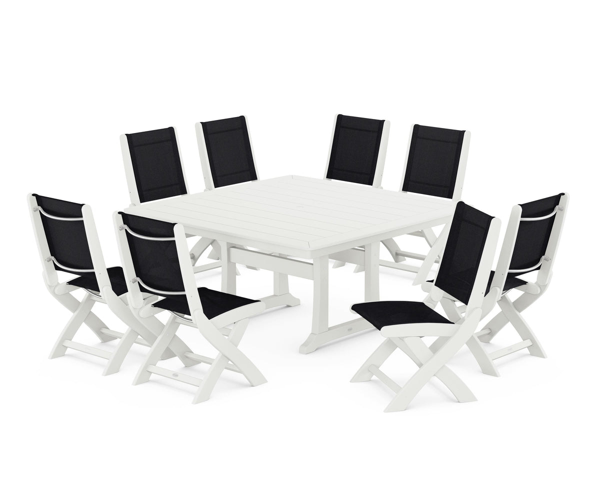 POLYWOOD Coastal Folding Side Chair 9-Piece Dining Set with Trestle Legs in Vintage White / Black