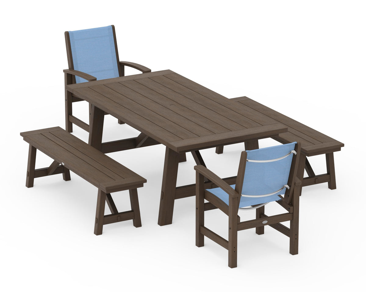 POLYWOOD Coastal 5-Piece Rustic Farmhouse Dining Set With Benches in Kona / Poolside