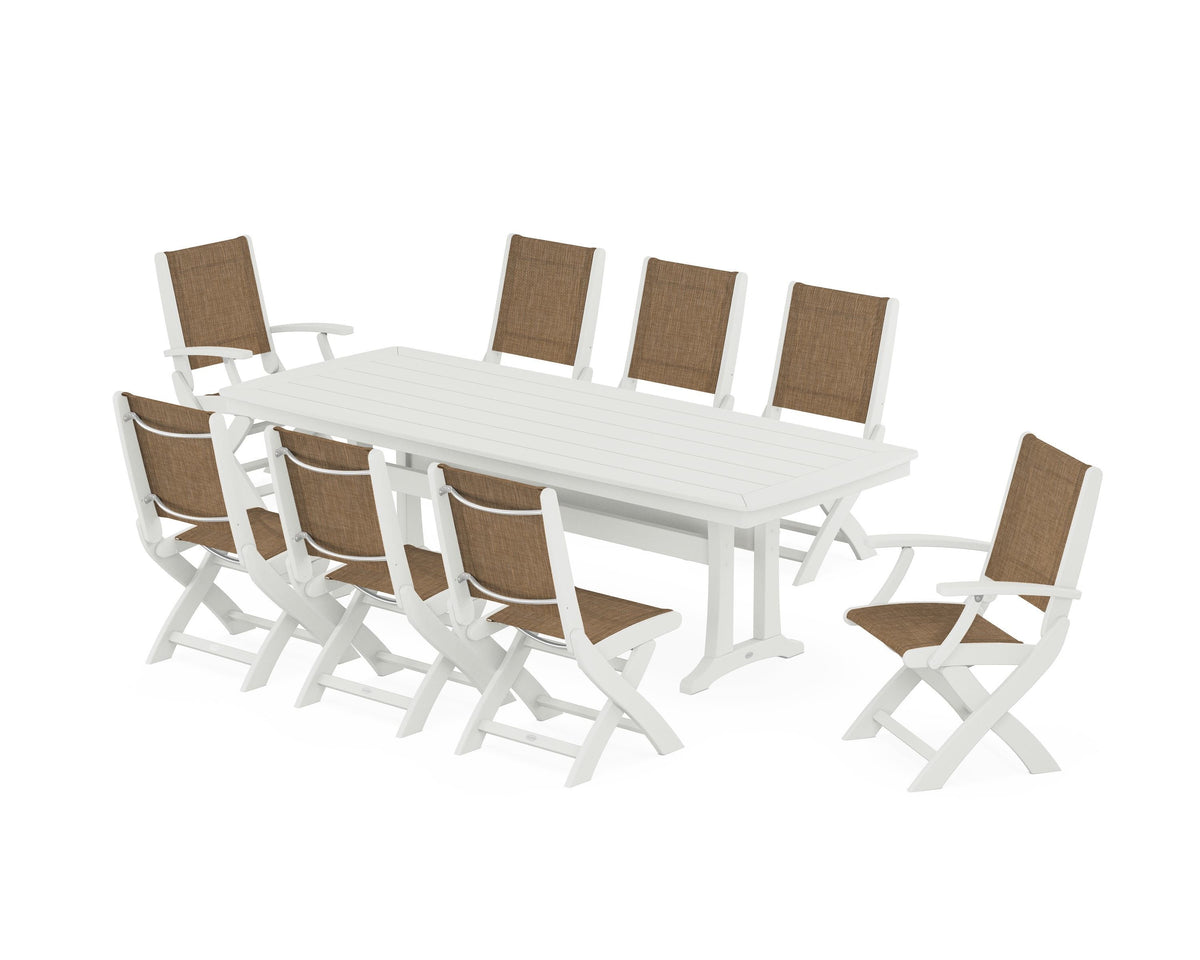 POLYWOOD Coastal Folding 9-Piece Dining Set with Trestle Legs in Vintage White / Burlap