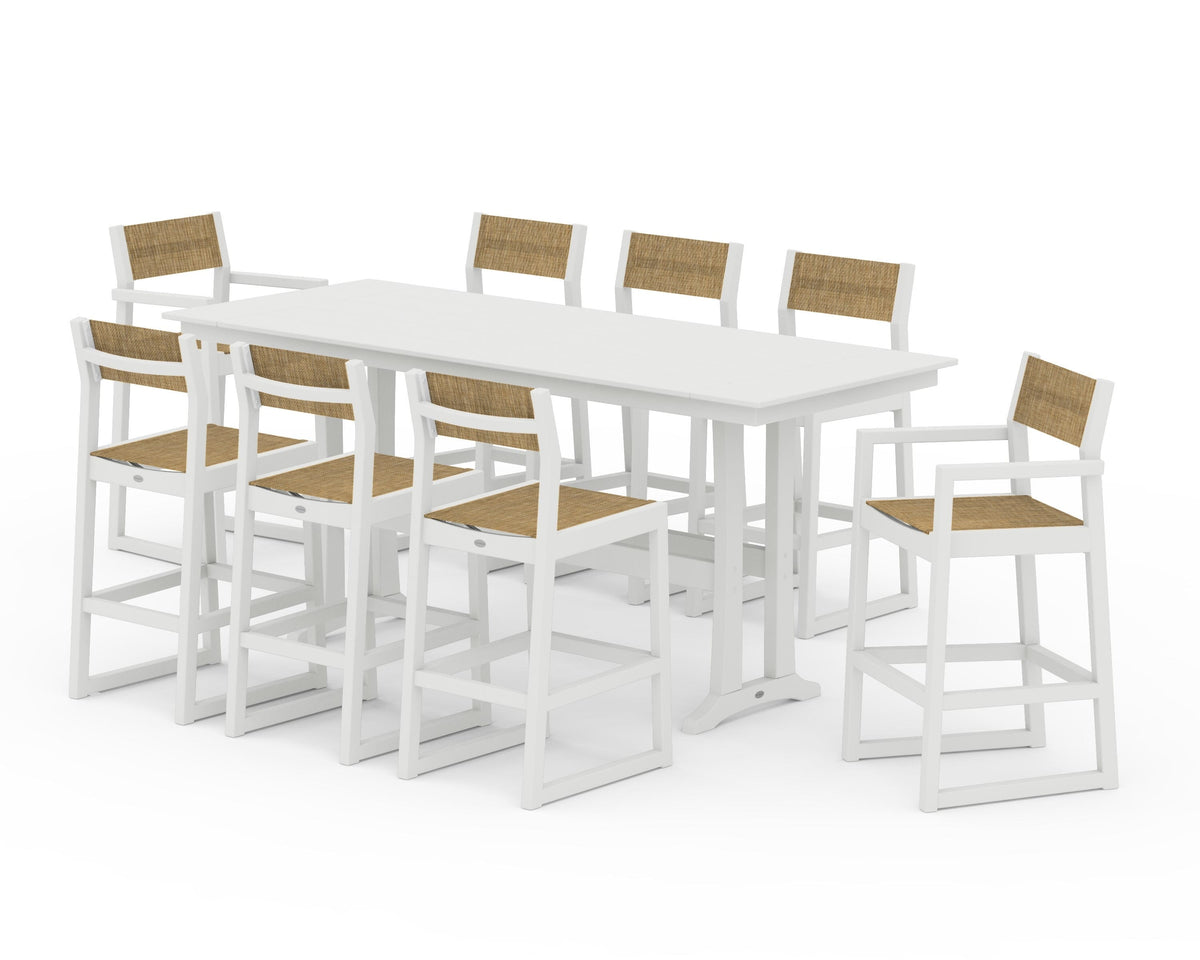 POLYWOOD EDGE Sling 9-Piece Farmhouse Bar Set with Trestle Legs in Vintage White / Burlap