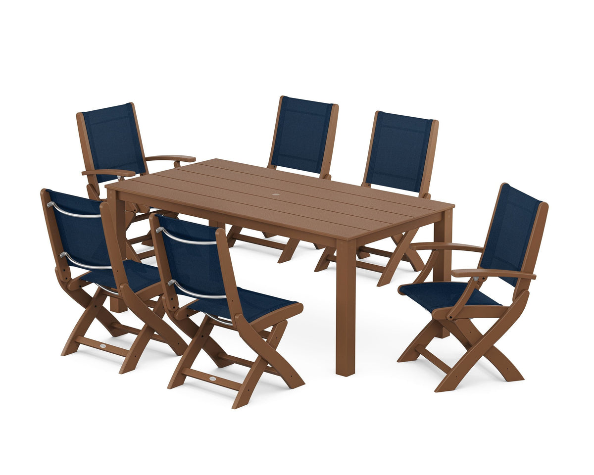 POLYWOOD Coastal Folding Chair 7-Piece Parsons Dining Set with Coastal Folding Side Chair in Teak / Navy Blue