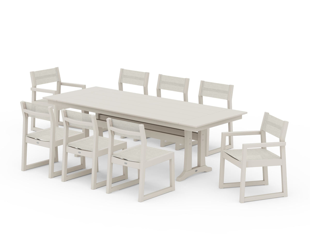 POLYWOOD EDGE Sling 9-Piece Farmhouse Trestle Dining Set in Sand / Parchment