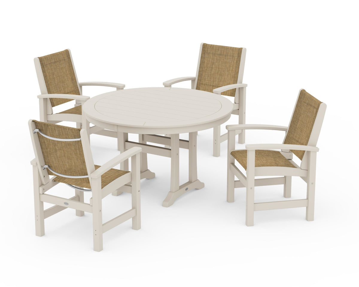 POLYWOOD Coastal 5-Piece Round Dining Set with Trestle Legs in Sand / Burlap